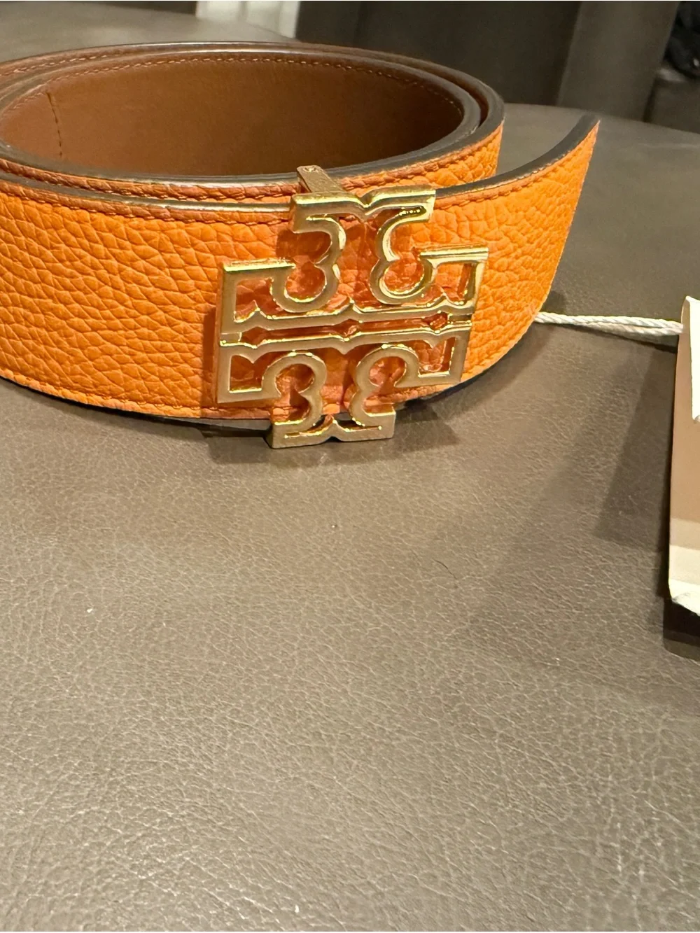 NWT Tory Burch Reversible Britten Leather Belt 1.5” XS Orange Citrine Moose Gold